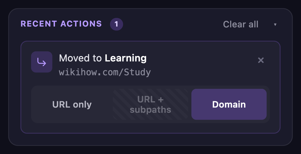 The correction card in the Swoop popup: "Moved to Learning", with a picker for how far the rule reaches.
