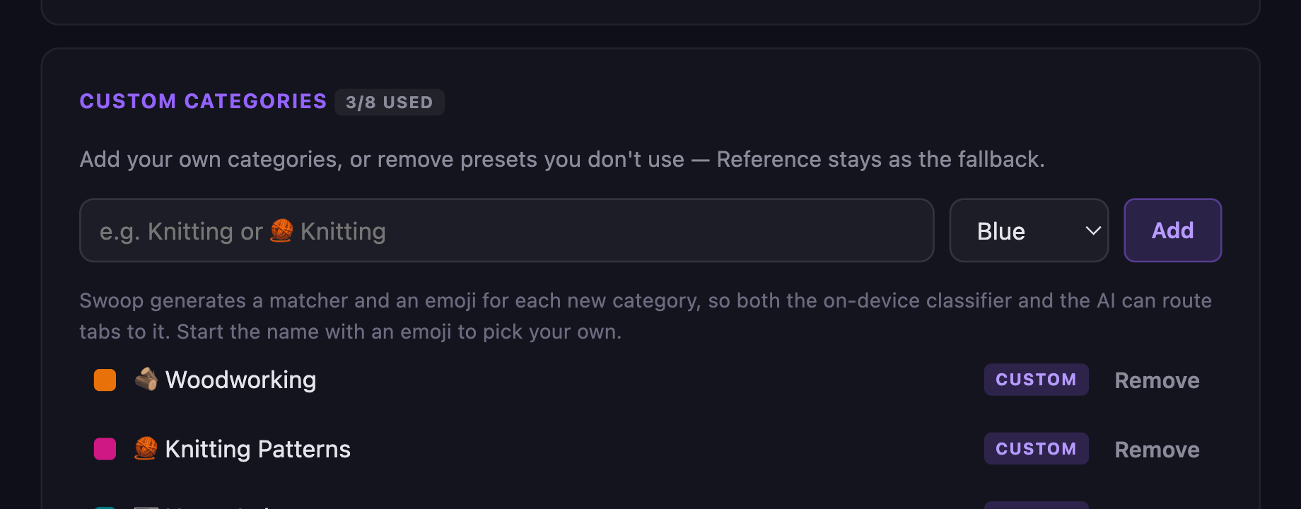 Swoop's settings page with custom categories a user added