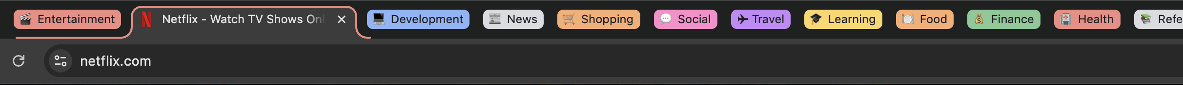 The same tab strip after Swoop: colored, labeled Chrome tab groups